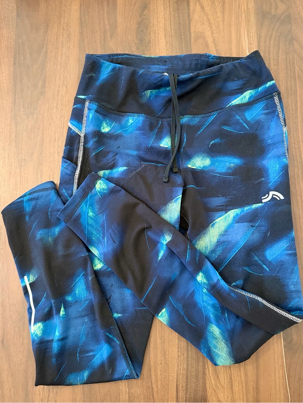 Crivit Fleece Lined Leggings Small 4-6 Blue Abstract Pocket Reflective Running